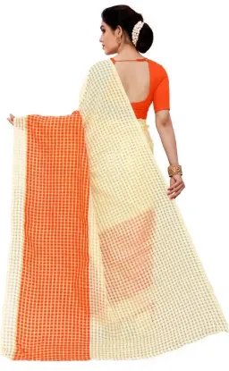 Picture of Checkered Daily Wear Art Silk Saree (Orange, Cream)