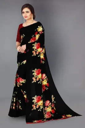 Picture of Floral Print Daily Wear Georgette Saree (Black)