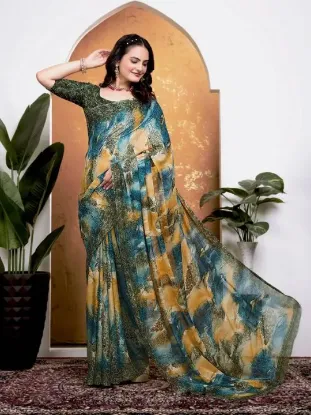 Picture of Printed Daily Wear Georgette Saree (Green)