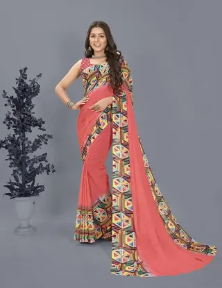 Picture of Geometric Print Bollywood Georgette Saree (Pink)