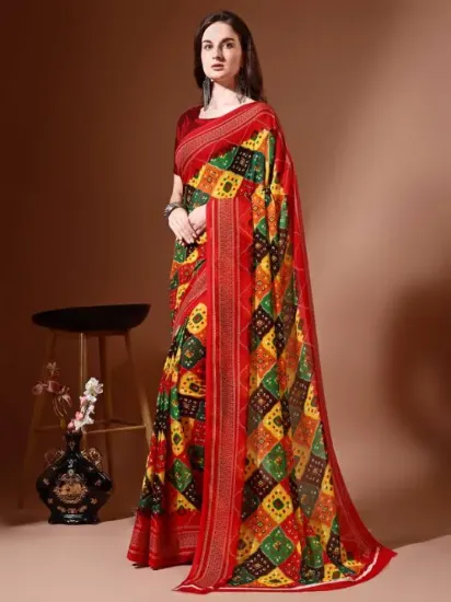 Picture of Printed Bandhani Georgette Saree (Red, Multicolor)