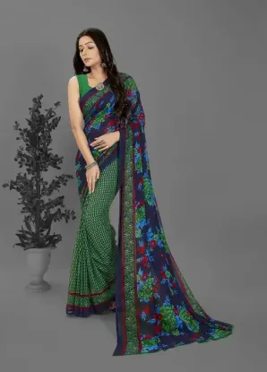Picture of Floral Print Bollywood Georgette Saree (Green, Blue)