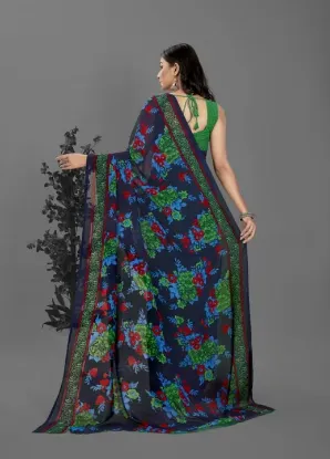 Picture of Floral Print Bollywood Georgette Saree (Green, Blue)