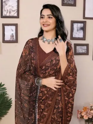 Picture of Printed Daily Wear Georgette Saree (Brown)