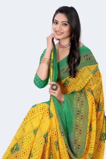 Picture of Solid/Plain Bollywood Georgette Saree (Mustard, Green)