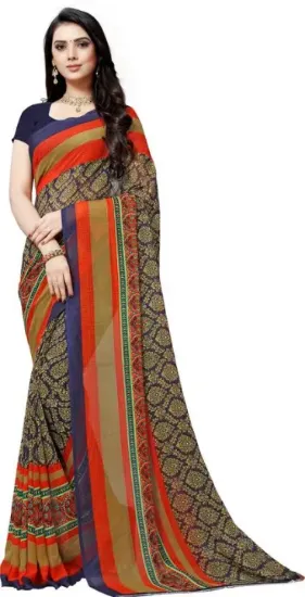 Picture of Paisley, Striped, Floral Print Daily Wear Georgette Saree (Dark Blue)