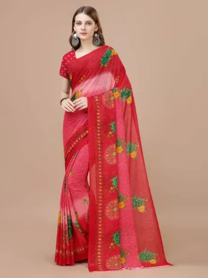 Picture of Floral Print, Printed Daily Wear Georgette Saree (Red)
