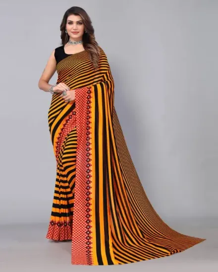 Picture of Striped, Printed Daily Wear Georgette Saree (Orange, Black)