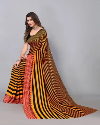 Picture of Striped, Printed Daily Wear Georgette Saree (Orange, Black)