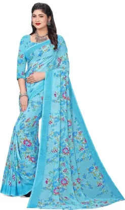 Picture of Floral Print Bollywood Georgette Saree (Light Blue)