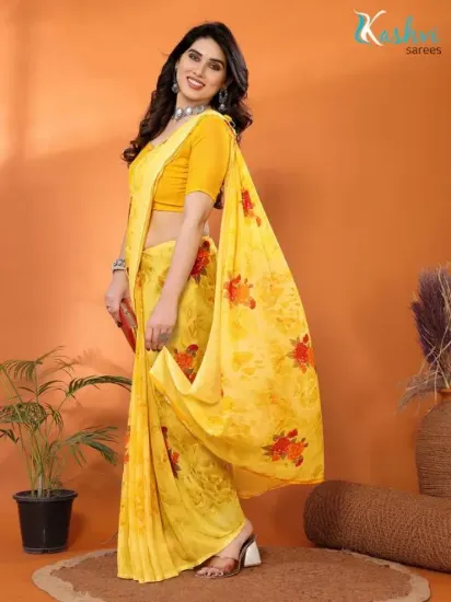 Picture of Floral Print Daily Wear Georgette Saree (Yellow)