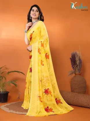 Picture of Floral Print Daily Wear Georgette Saree (Yellow)