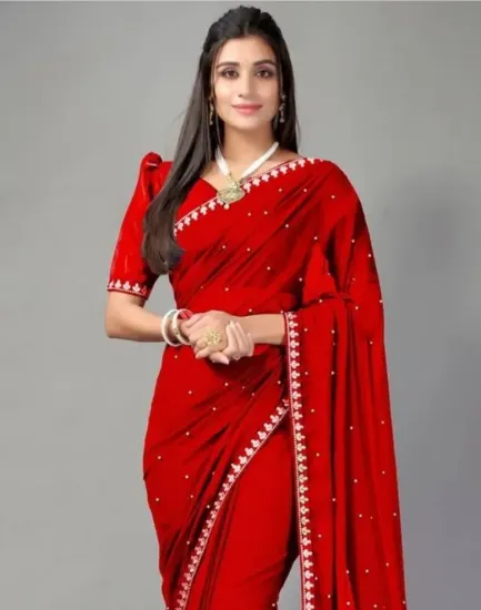 Picture of Solid/Plain, Woven, Embellished, Embroidered Daily Wear Lycra Blend Saree (Red)