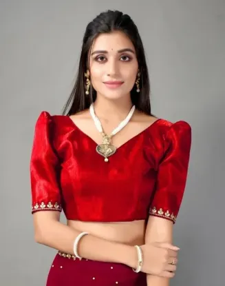 Picture of Solid/Plain, Woven, Embellished, Embroidered Daily Wear Lycra Blend Saree (Red)