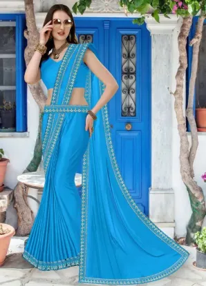 Picture of Bollywood Lycra Blend, Chiffon Saree (Light Blue)