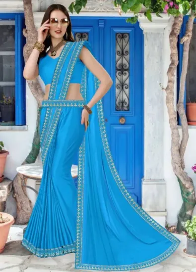 Picture of Bollywood Lycra Blend, Chiffon Saree (Light Blue)