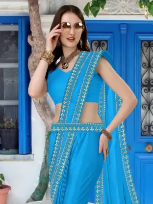 Picture of Bollywood Lycra Blend, Chiffon Saree (Light Blue)