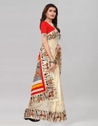 Picture of Printed, Geometric Print, Floral Print Mysore Cotton Silk, Silk Blend Saree (Red, White)