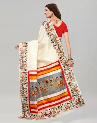 Picture of Printed, Geometric Print, Floral Print Mysore Cotton Silk, Silk Blend Saree (Red, White)