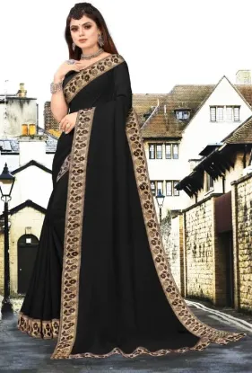Picture of Printed Banarasi Lycra Blend, Chiffon Saree (Black, Gold)