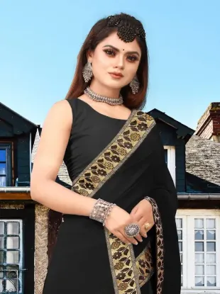 Picture of Printed Banarasi Lycra Blend, Chiffon Saree (Black, Gold)