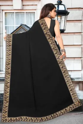 Picture of Printed Banarasi Lycra Blend, Chiffon Saree (Black, Gold)