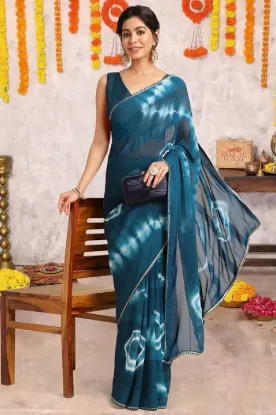 Picture of Printed, Dyed, Blocked Printed Bollywood Chiffon, Georgette Saree (Blue, White)