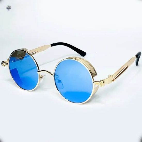 Picture of Vintage Gold Frame Blue Tinted Lens Sunglasses For Men- With Bag