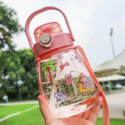 Picture of Bottle With Stickers Straw Summer Leak-Proof Cute Big Belly Water Jug Cup Sports Bottle Girl Gift
