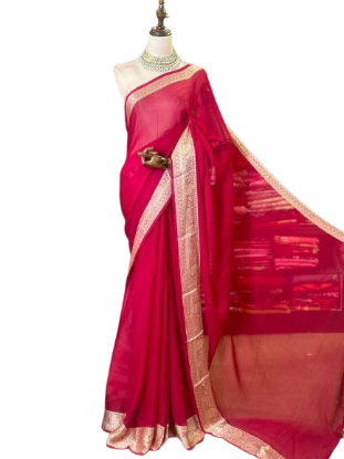 Picture of Pink Silk Floral Golden Border Design Saree.