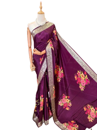Picture of Purple Banarasi silk saree with intricate floral designs, likely featuring jacquard work