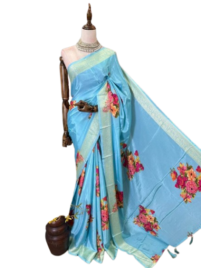 Picture of Bhakarwadi Sky Blue Mysore Silk Floral Print Saree