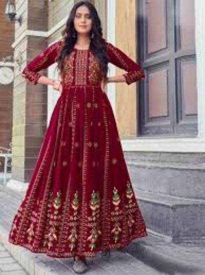 Picture of Anarkali-style Kurti, likely made of rayon with foil print details.