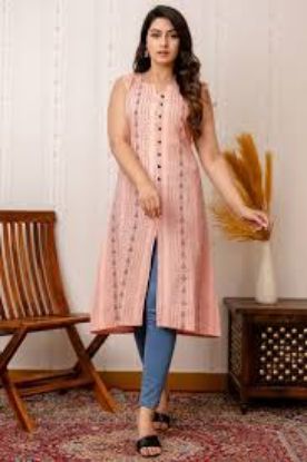 Picture of Salmon Peach Cotton Ready to Wear Front Slit Casual Wear Kurti