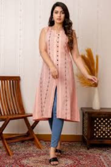 Picture of Salmon Peach Cotton Ready to Wear Front Slit Casual Wear Kurti