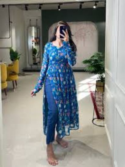 Picture of Women Printed, Floral Print Georgette A-line Kurta  (Dark Blue)