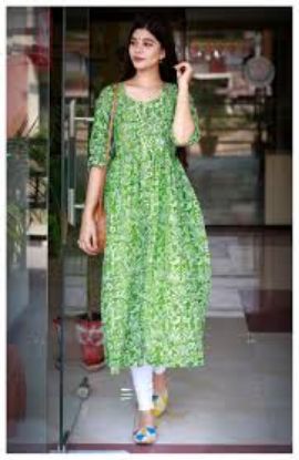 Picture of Gulabi Dori Grass Green Handblock Dress With Lining Inside