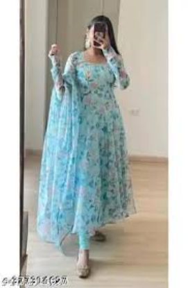 Picture of Floral Print Georgette Stitched Anarkali Gown  (Light Blue)