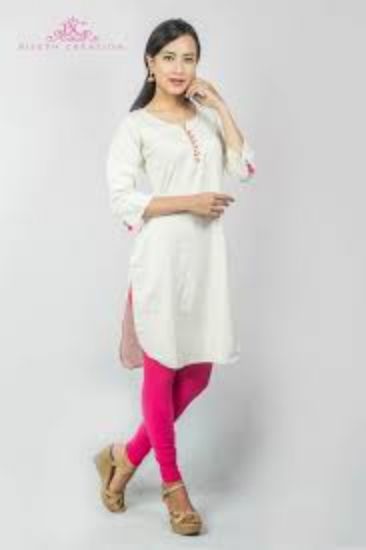 Picture of Off White Linen Kurti With Pure Cotton Churidar Leggings Set