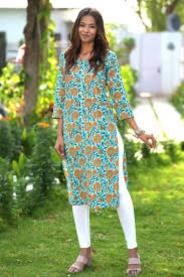 Picture of Floral Printed V-Neck Cotton Straight Kurta